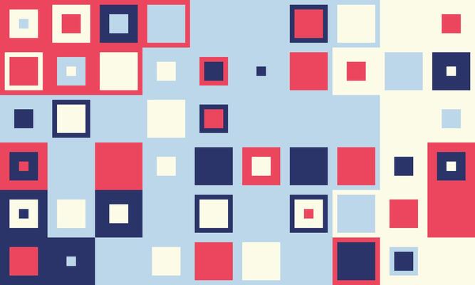 Abstract geometric background featuring a vibrant mosaic of red, blue, and white squares. Ideal for modern designs, presentations, websites, and social media.