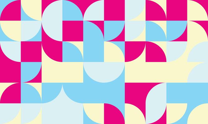 Vibrant geometric pattern featuring pastel blue, pale yellow, and fuchsia circles and squares. Ideal for modern backgrounds, website design, or textile prints.