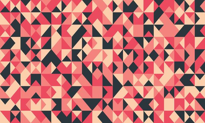 Abstract geometric background featuring a vibrant mosaic of coral, peach, and charcoal triangles.