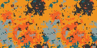 Abstract pixelated camouflage pattern in vibrant orange, gray, and teal. Perfect for textile design, digital backgrounds, or modern artistic projects. vector