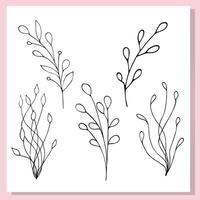 Minimal botanical doodles of cute leaves in black line art style. Delicate hand-drawn branches on white background, perfect for design, stickers, or coloring pages. vector
