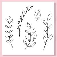 Simple hand-drawn leaf branches in black outline style. Minimalist botanical set perfect for coloring pages, stickers, invitations, and eco-themed designs. vector