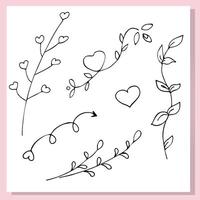 Romantic hand-drawn branches with heart-shaped leaves in minimal black line style. Ideal for Valentines Day cards, wedding decor, logos, and DIY projects. vector