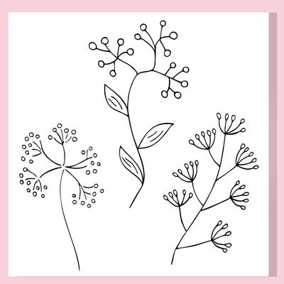 Simple hand-drawn wildflowers in black outline. Minimalist floral doodles perfect for coloring pages, botanical design, nature stickers, and line art projects.