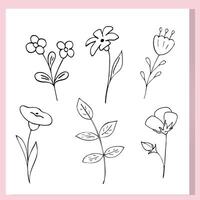 A set of six hand-drawn black and white floral doodles. Minimalistic cartoon-style flowers and leaves outlined on a white background with a pink frame. vector