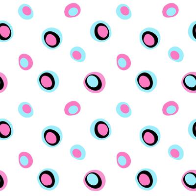 Seamless pattern of playful round dots in blue, pink, and black. Fun abstract design for kids, fabrics, stationery, or digital use.
