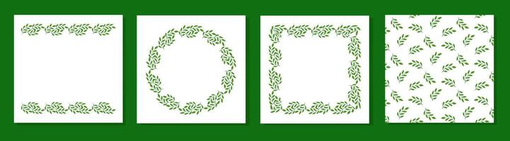Set of green leaf frames and seamless pattern. Includes square, oval, and border designs perfect for eco invitations, cards, or nature-themed projects. vector