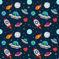 colorful space seamless pattern with rockets aliens and planets vector