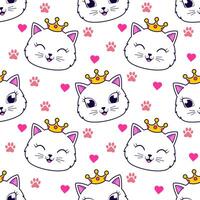 cute princess cat faces seamless pattern with hearts and paw prints vector