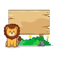 cute cartoon lion with signpost and grass vector