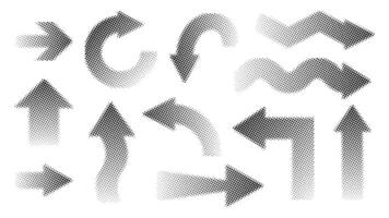 Collection of black halftone patterned arrows pointing in various directions on a white background. vector