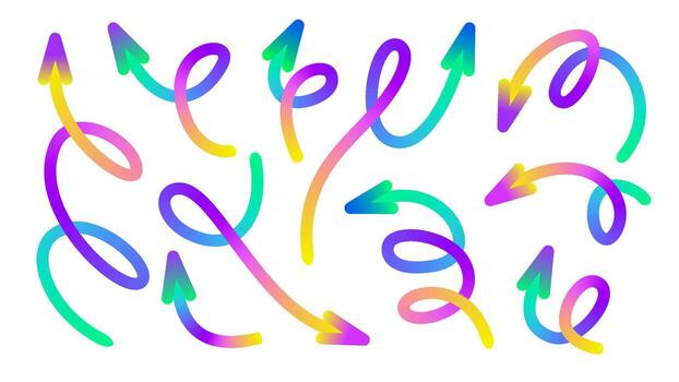 Set of colorful gradient arrows with various shapes and directions vector