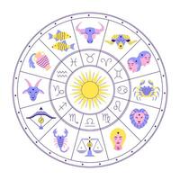 A circular chart depicting the 12 zodiac signs with symbols and illustrations, surrounding a central sun. vector