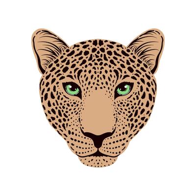 A stylized leopard head with green eyes and black spots