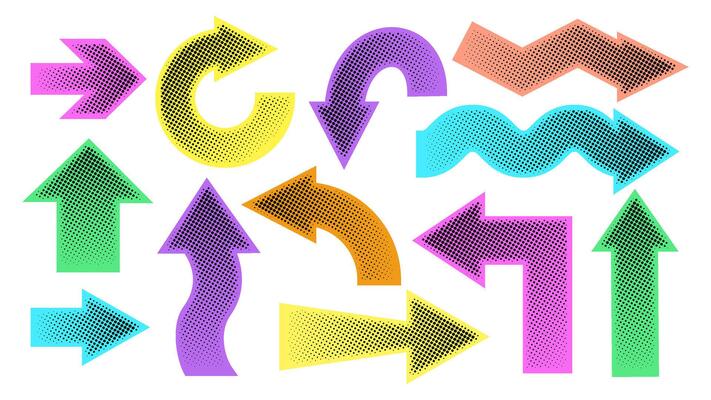 Collection of colorful halftone patterned arrows pointing in various directions