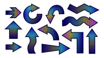 Collection of colorful gradient halftone patterned arrows pointing in various directions vector