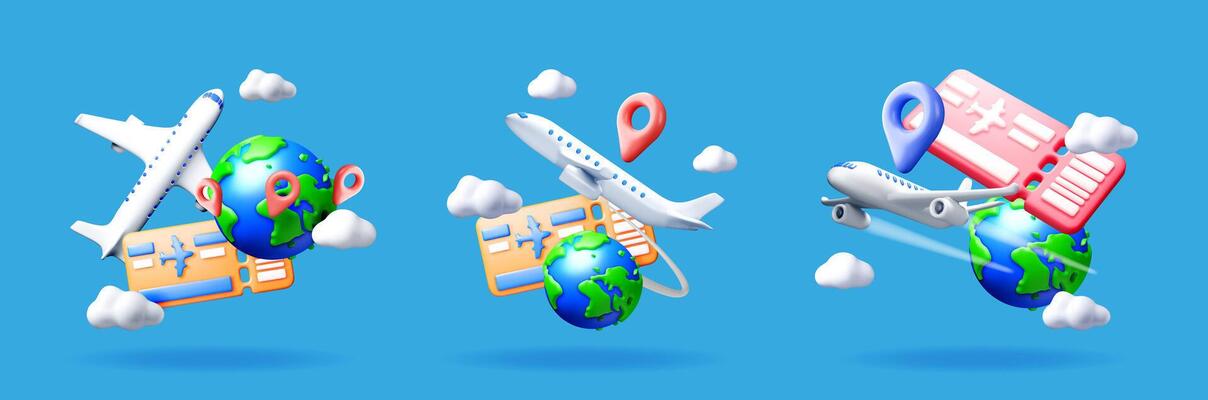 Set of 3d illustrations for travel and tourism concept. Airplanes with boarding pass and earth globe for vacation booking.