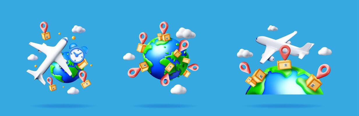 A 3d stock illustration set collection showing global delivery with airplanes, earth, boxes, map pins, clocks.