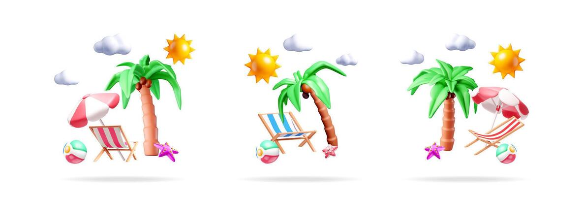 Three palm trees with beach chairs, umbrellas, beach ball, starfish, sun and clouds. Summer vacation and holiday concept.