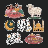 Eid al-fitr stickers set with a sheep, a lamb, and a cake vector
