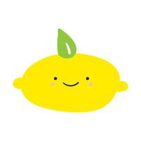 Lemon with little green leaf. Smiling fruit character. Hand drawn illustration on white background. vector