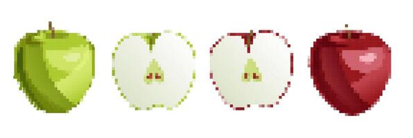 Colorful featuring various apples in different styles and colors suitable for background design. Pixel art. vector