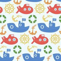 Bright nautical pattern featuring boats, submarines, anchors, and steering wheels for cheerful designs. vector