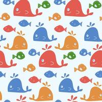 Fun seamless pattern featuring colorful whales and fish in vibrant shades with a light background suitable for various designs. vector