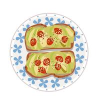 Delicious featuring avocado toast with tomatoes on a decorative plate surrounded by floral design. vector