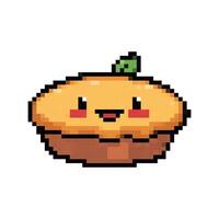 Happy cartoon pie character with a smiling face and green leaf designed in pixel art style. vector