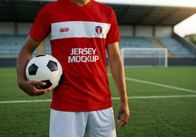 A soccer player in a red jersey holds a ball on a field psd
