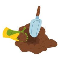 rubber-gloved hand holds seedling for planting with deep scoop. Gardening tools. Flat color illustration. It is suitable for the design of articles and educational materials on gardening and hobbies. vector