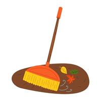 We use a plastic broom to sweep the autumn leaves. Gardening tools. Flat color illustration. Suitable for gardening, site maintenance, weed control, agricultural machinery and manual labor vector
