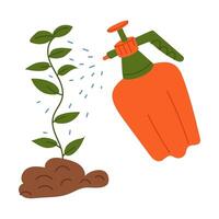 plant is treated from a pump sprayer, spraying liquid from pests. Gardening tools. Flat color illustration. It is suitable for the design of articles and educational materials on gardening and hobbies vector