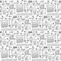 pattern of doodle objects related to human life, with inscription Archeology. Jugs, plates, bones, blades, architecture in seamless texture. Scientific posters, books, articles, educational materials vector