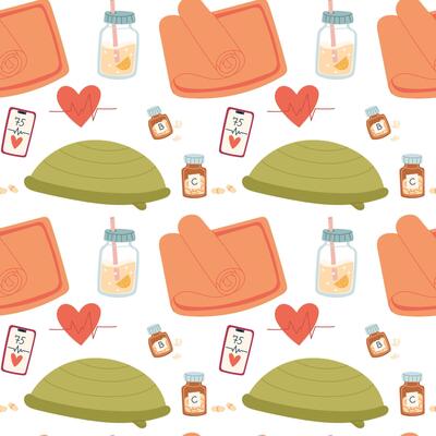 Pattern with fitness items. Bosu hemisphere, yoga mat, lemonade bottle, vitamins, phone, heart rate. Flat color illustration in seamless texture. For posters, sportswear, packaging and blogs health