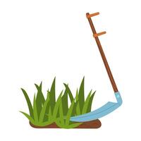 Scythe with a wooden handle mows the tall grass. Gardening tools. The workflow. Flat color illustration. It is suitable for the design of articles and educational materials on gardening and hobbies vector