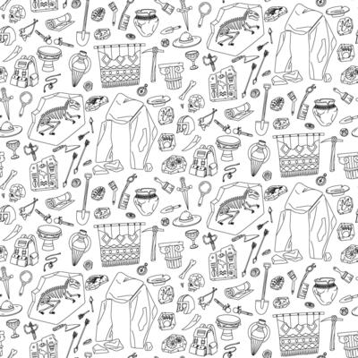 Pattern doodle illustrations of archaeological sites. Historical finds in a seamless texture. For educational projects, infographics, books, presentations, and historical-themed designs