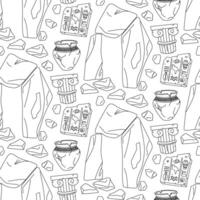 Pattern doodle museum artifacts. Part of an Egyptian slab with hieroglyphs, Greek column, vase, first buildings. Suitable for websites, prints, books, educational materials on history and culture vector