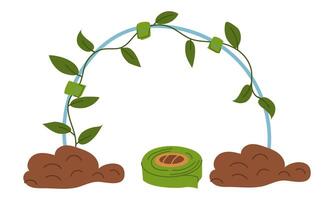 Tying a plant in an arc with a garter belt. Gardening tools. The work process. Flat color illustration. It is suitable for the design of articles and educational materials on gardening and hobbies. vector