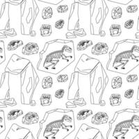 Pattern doodle museum artifacts. First human constructions, dinosaur fossils, bones, grass and shell prints. Suitable for websites, prints, books, and educational materials on history and culture vector