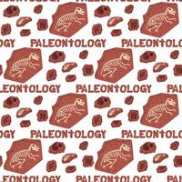Fossil pattern with the inscription Paleontology, color. Dinosaur footprints, fish bones, Tyrannosaurus skeleton, plants, and shells in seamless texture. Brown large elements. for scientific posters vector