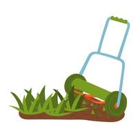mechanical lawn mower mows the grass. Gardening tools. The work process. Flat color illustration. It is suitable for the design of articles and educational materials on gardening and hobbies. vector