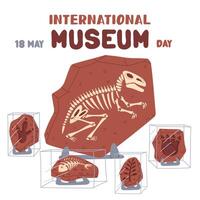International Museum Day, May 18. Fossils of dinosaurs, prehistoric animals and plants on the stand. Flat color illustration for use in posters, articles, and social media related to science, history vector