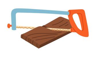 A hacksaw saws a flat board. Gardening and construction tools. The workflow. Flat color illustration. For the topics ecology, horticulture, sustainable development, landscaping and nature conservation vector