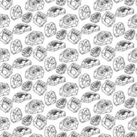 Pattern from doodle fossils. Footprints of various dinosaurs, fish bones, plants, and shells have a seamless texture. Stones, vulcanization. Materials for scientific posters, books, and articles. vector