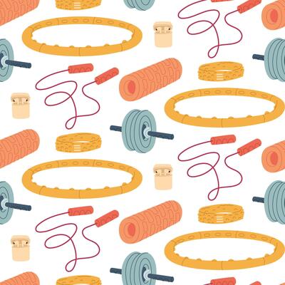 Pattern with fitness items. Headband, headphones, skipping rope, bandage, massage roll. Flat color illustration in a seamless texture. For posters, sportswear, apps, packaging, and blogs about health