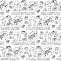 doodle pattern of fossils labeled Paleontology. Dinosaur footprints, fish bones, a tyrannosaurus skeleton, plants and shells have a seamless texture. materials for scientific posters, books, articles. vector