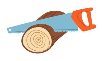 Saw cuts a round log. Garden and construction tools. Working process. Flat color illustration. For topics such as ecology, gardening, sustainable development, landscaping, and nature conservation vector