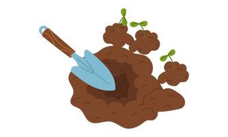 Planting machine dug a hole for planting sprouts in the soil. Gardening tools. work process. Flat color illustration. It is suitable for of articles and educational materials on gardening and hobbies vector